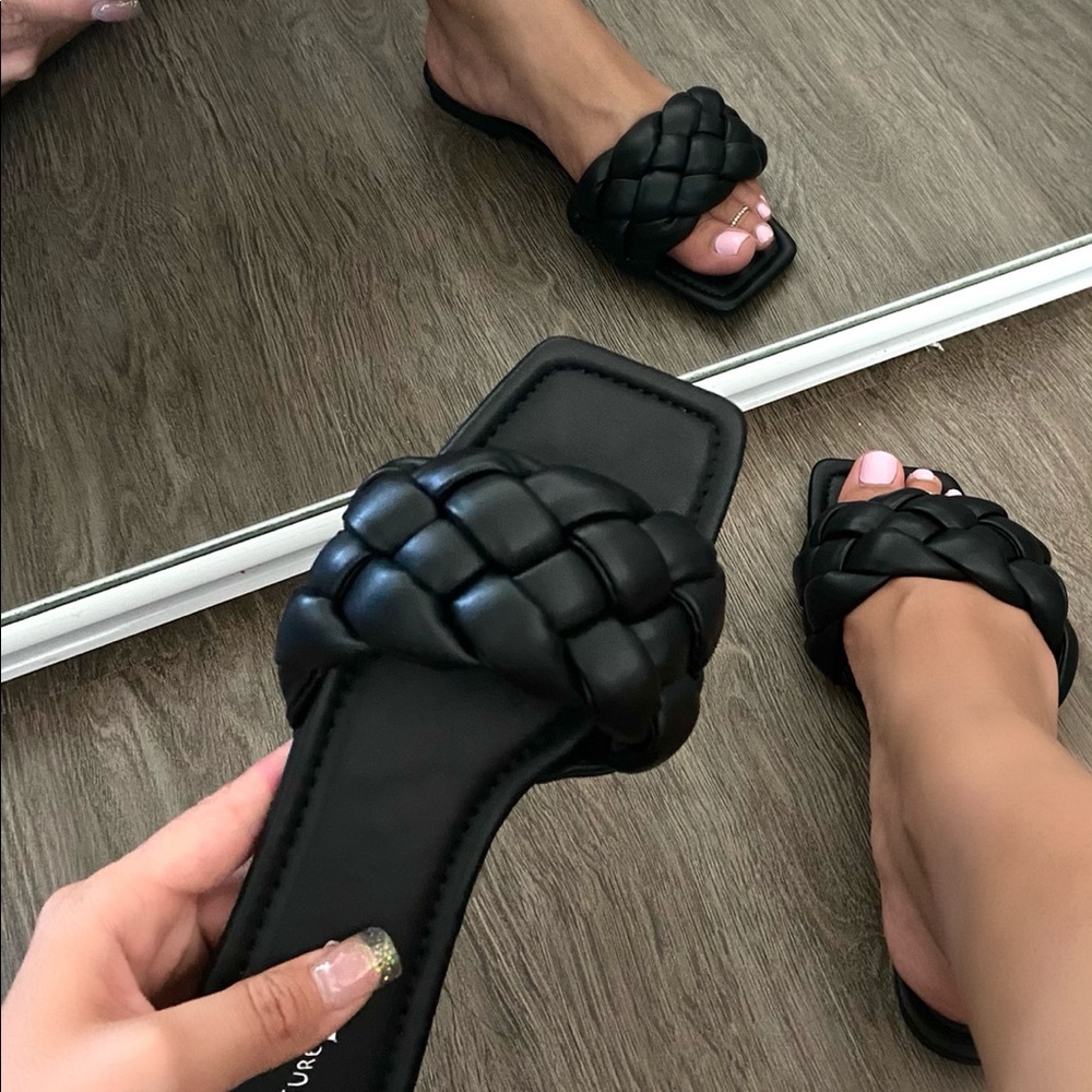 Black Square Toe Braided Sandals